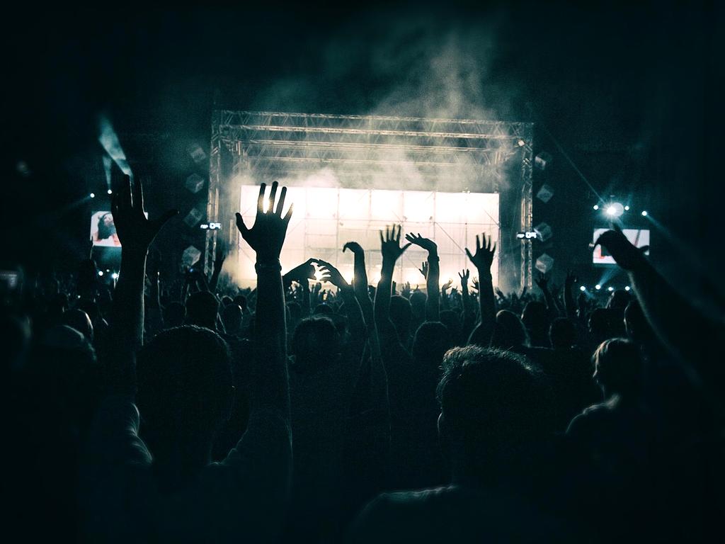Crowd enjoying live concert with colorful lighting